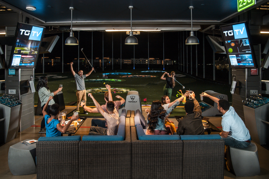 Topgolf at 90 North Schaumburg, a lively venue that blends golf, dining, and entertainment, attracting families, friends, and corporate groups alike.